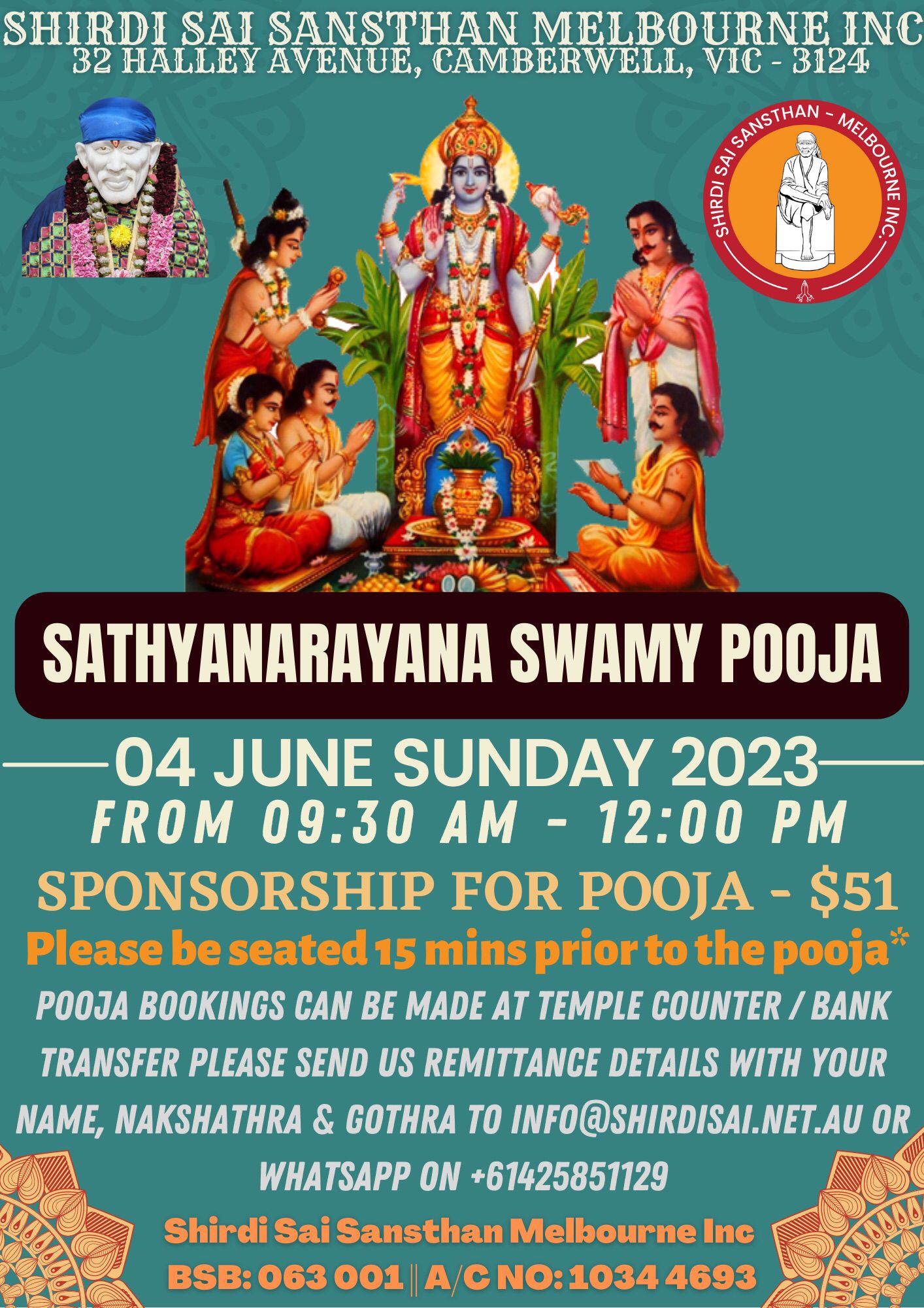 SATYANARAYANA SWAMY POOJA Shirdi Sai Sansthan Melbourne Inc